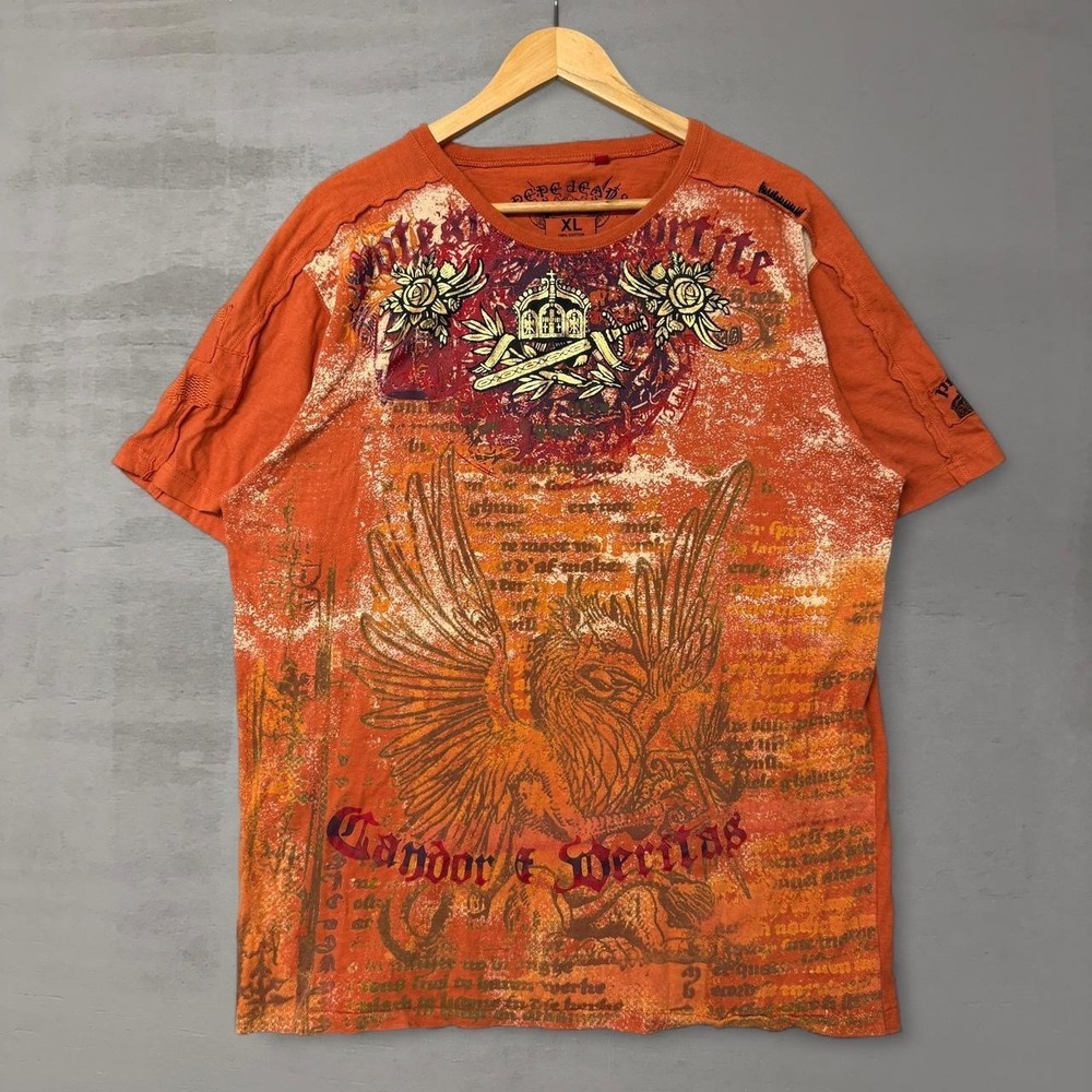 Y2K Pepe Jeans Graphic T Shirt Orange Griffin Crown Gothic Distressed Mens XL